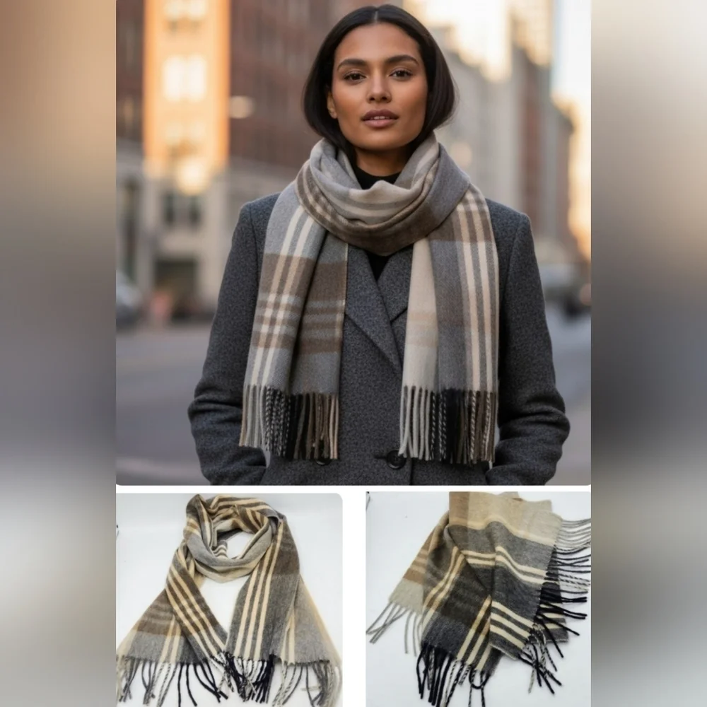 Joseph A Bank Cashmere Plaid Scarf In Cream Brown Tan Grey With Frange 70